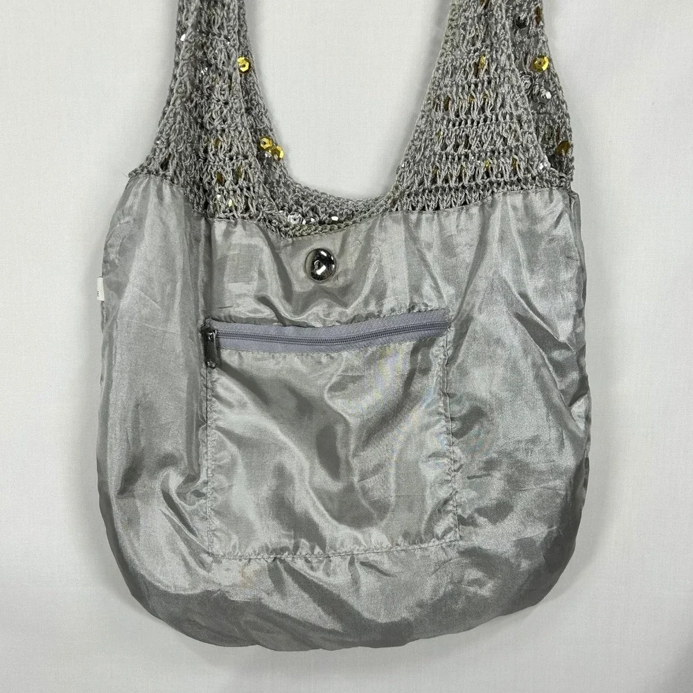 Vintage Y2K Silver Sequin Knit Open Mesh Shoulder Bag Metallic Crochet Hobo Tote